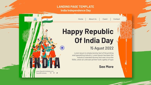 Szablon strony docelowej dnia niepodległości Indii z ludźmi tańczącymi i kolorami flag