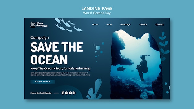 Bezpłatny plik PSD szablon strony docelowej światowego dnia oceanu