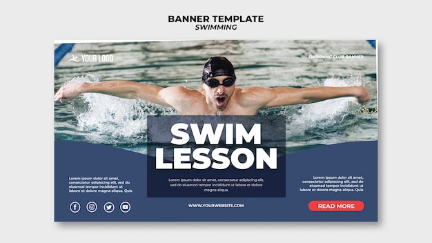 Bezpłatny plik PSD szablon transparent na lekcje pływania z pływaniem człowieka