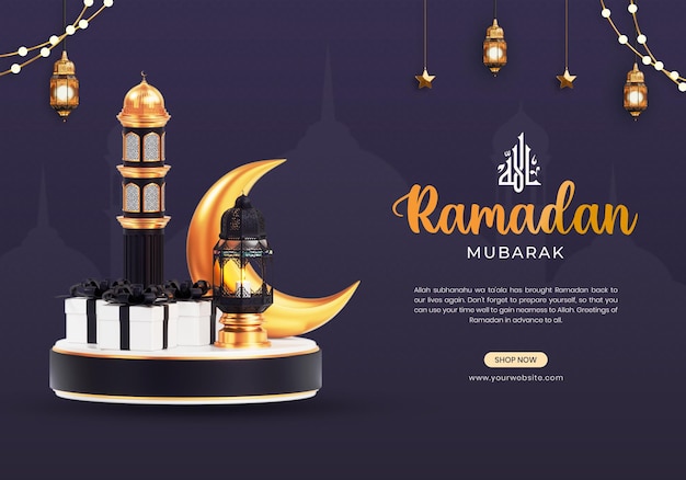 Bezpłatny plik PSD szablon transparentu ramadan kareem z uroczym podium 3d i islamskimi ozdobami
