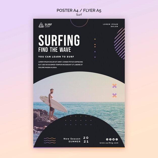 Szablon ulotki lekcji surfingu ze zdjęciem