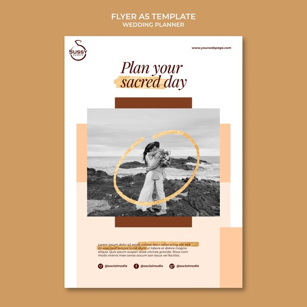 Szablon ulotki pionowej Wedding planner ze złotymi znakami pióra
