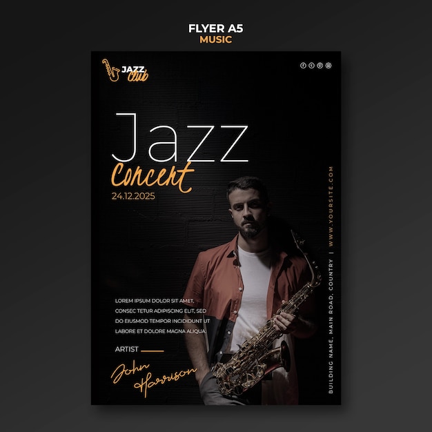 Bezpłatny plik PSD szablon wydruku koncertu jazzowego