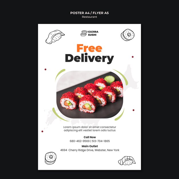 Szablon wydruku plakatu bezpłatnej dostawy restauracji sushi
