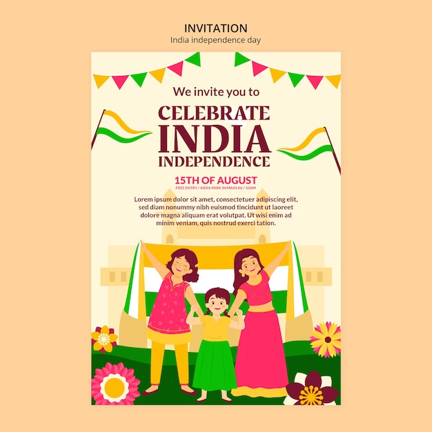 Bezpłatny plik PSD szablon zaproszenia na obchody dnia niepodległości indii