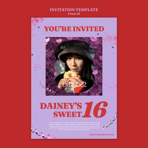 Bezpłatny plik PSD szablon zaproszenia na uroczystość sweet 16