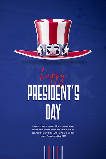Bezpłatny plik PSD szczęśliwego dnia prezydentów z kapeluszem i flagą usa szablon opowiadań 3d post