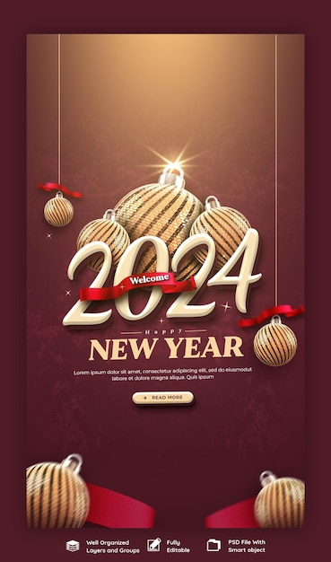 Bezpłatny plik PSD szczęśliwego nowego roku 2024 uroczystość instagram i facebook story post design lub szablon baneru