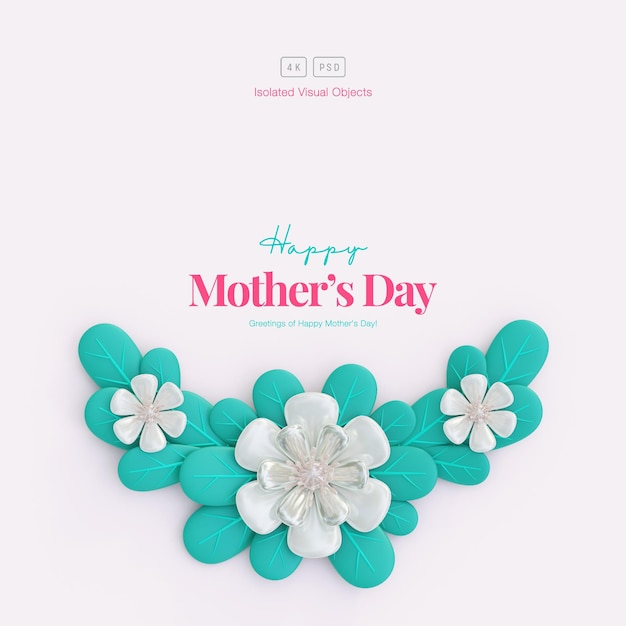 Bezpłatny plik PSD szczęśliwy dzień matki pozdrowienie tło ozdobione uroczymi kwiatami i liśćmi