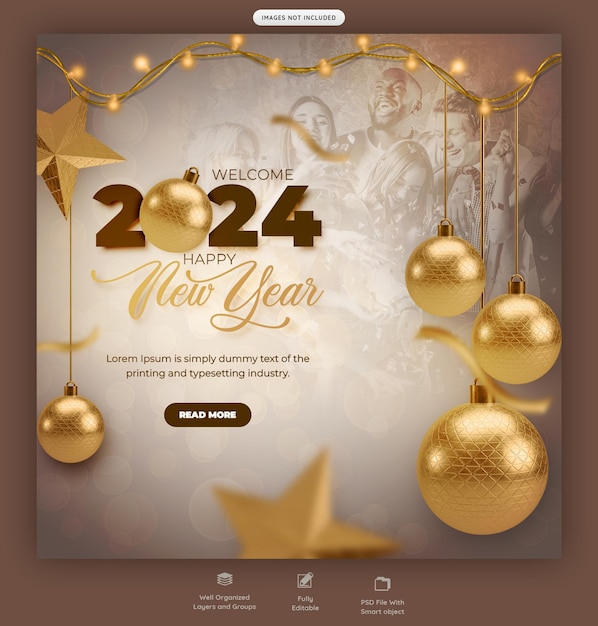Bezpłatny plik PSD szczęśliwy nowy rok 2024 świętowanie design postów w mediach społecznościowych lub szablon banera