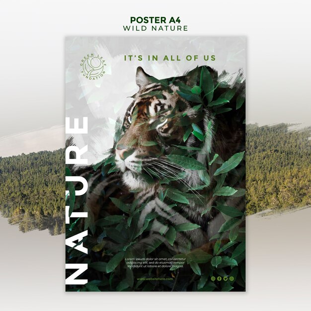 Tygrys dzikiej przyrody i liści plakat