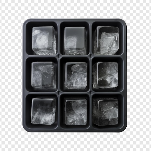 Bezpłatny plik PSD tylny widok izolowanej czarnej silikonowej tacki z kostkami lodu izolowanej na przezroczystej tle