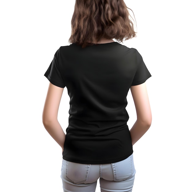 Bezpłatny plik PSD tylny widok kobiety w pustej czarnej koszulce odizolowanej na białym
