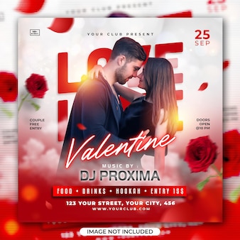 Valentine love club dj party ulotka szablon postu w mediach społecznościowych
