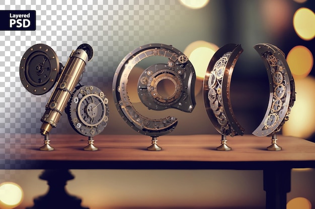 Vintage steampunkowe litery stojące na stole z niewyraźnym tłem bokeh