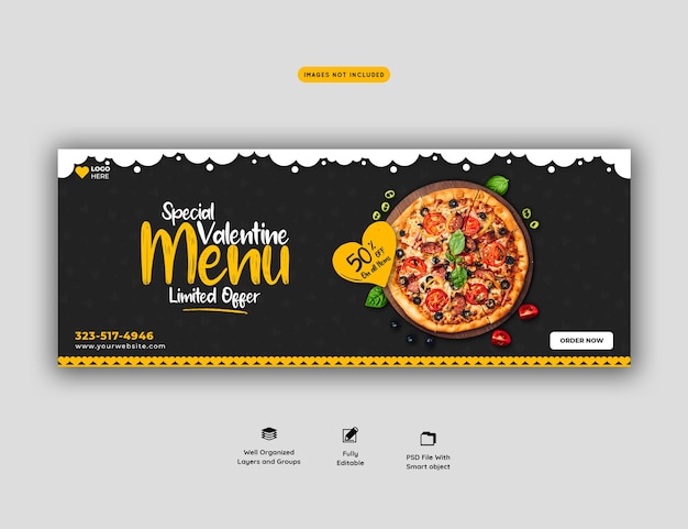Walentynkowe menu żywności i pyszna pizza na facebooku szablon transparentu okładki