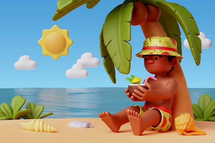 Bezpłatny plik PSD widok 3d postaci na plaży latem