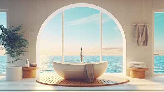 Bezpłatny plik PSD widok na morze z okrągłego okna z wanną generative ai