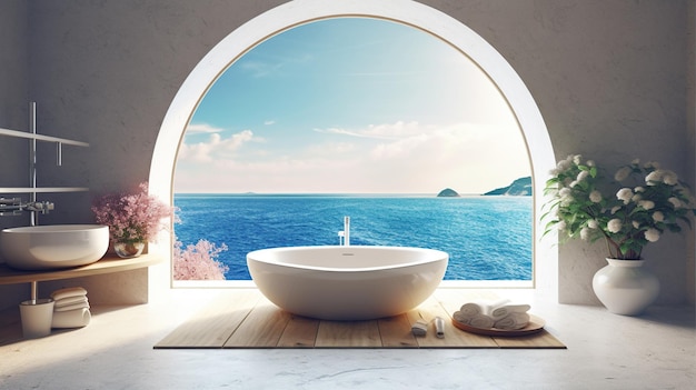 Bezpłatny plik PSD widok na morze z okrągłego okna z wanną generative ai