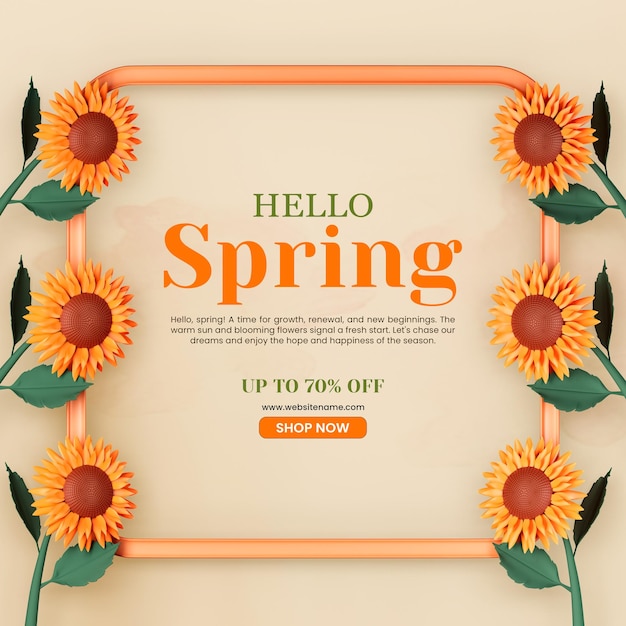 Bezpłatny plik PSD witaj wiosenny szablon postu z pozdrowieniami ze słonecznika