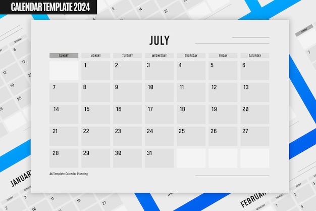 Bezpłatny plik PSD wzór a4 planowanie kalendarzowe na rok 2024 lipiec