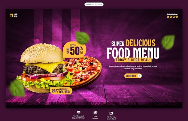 Wzorzec banera internetowego dla pysznych hamburgerów i menu spożywczego