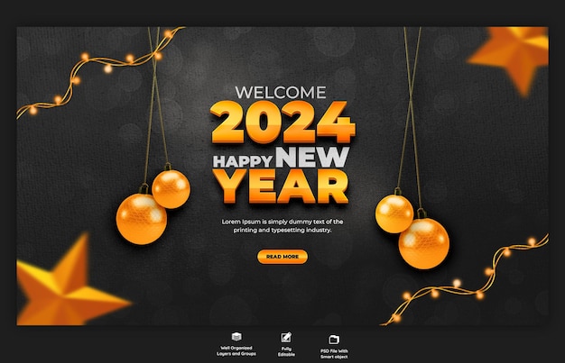 Bezpłatny plik PSD wzorzec projektu banera internetowego na świętowanie nowego roku 2024