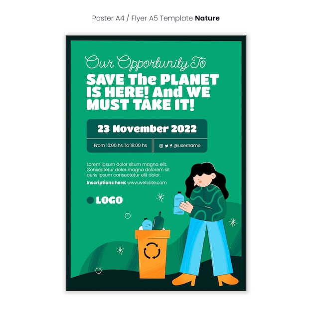 Bezpłatny plik PSD zapisz szablon pionowego plakatu wydarzenia środowiskowego planety