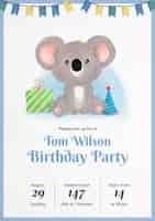 Bezpłatny plik PSD zaproszenie na urodziny akwarela koala