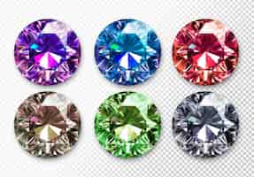 Bezpłatny plik PSD zbiór okrągłych diamentów o różnych kolorach izolowanych na przezroczystym tle