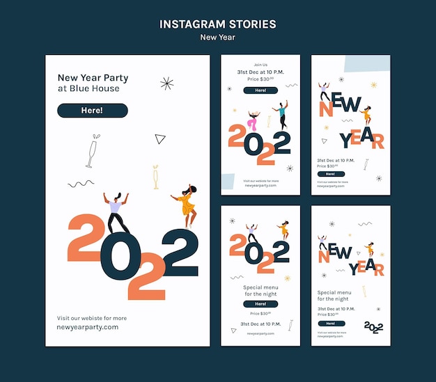 Zestaw ilustrowanych noworocznych historii na instagramie