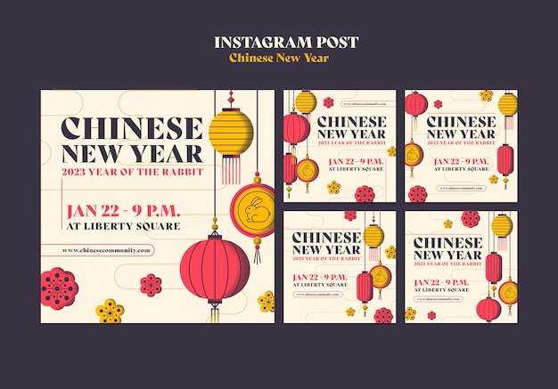Bezpłatny plik PSD zestaw postów na instagramie z okazji chińskiego nowego roku