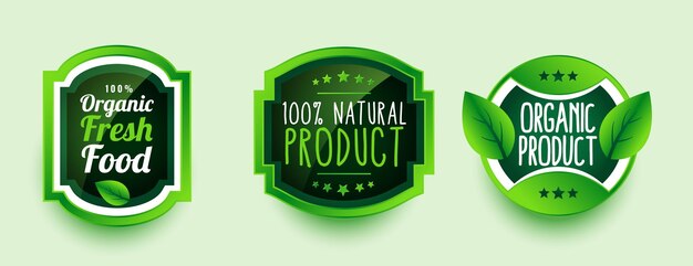 100 certyfikowana etykieta lub naklejka produktu ekologicznego w zestawie trzech wektorów