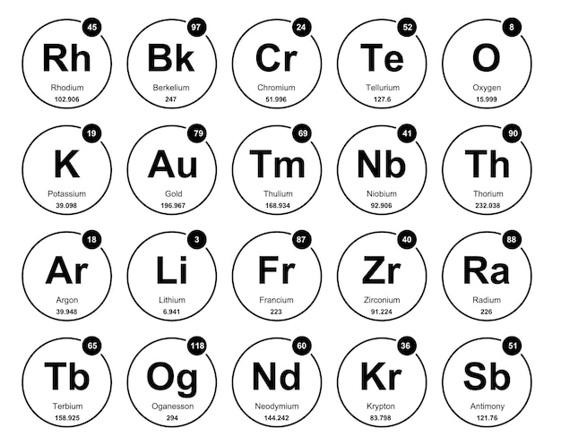 Bezpłatny wektor 20 preiodic tabela elementów icon pack design vector illustration