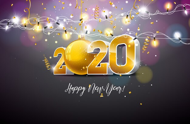 2020 Szczęśliwego nowego roku ilustracja z 3d złota liczba, bombki i światła girlanda na ciemnym tle.