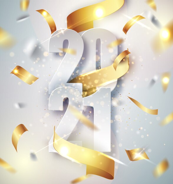 2021 szczęśliwego nowego roku eleganckie tło wektor ze złotą wstążką prezent, konfetti, białe cyfry