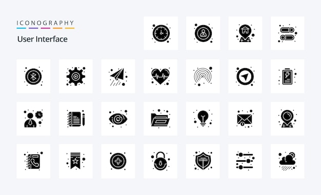 Bezpłatny wektor 25 pakiet ikon solid glyph w interfejsie użytkownika