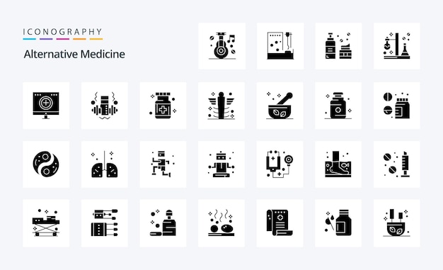 Bezpłatny wektor 25 pakiet ikon stałych glifów medycyny alternatywnej