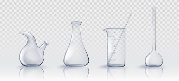 Bezpłatny wektor 3d chemia laboratoryjna test szklana zlewka realistyczny wektor laboratorium przezroczyste szkło sprzęt naukowy probówka ustawiony na przezroczystym tle pusta butelka miarowa i kolekcja pojemników na chemikalia