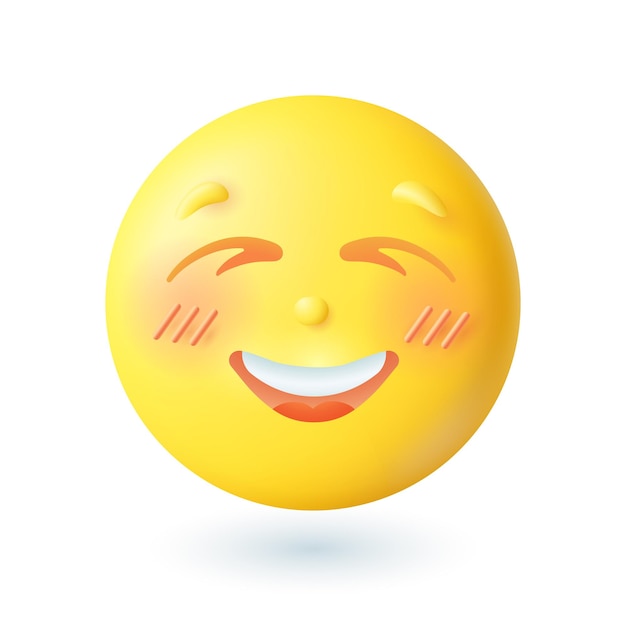 Bezpłatny wektor 3d emotikon w stylu kreskówki uśmiechający się z ikoną zamkniętych oczu. śliczna szczęśliwa żółta twarz z płaską ilustracją wektora rumieniec. emocje, ekspresja, media społecznościowe, koncepcja szczęścia
