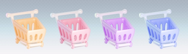 Bezpłatny wektor 3d koszyk na zakupy w supermarkecie koszyk na kołach w pastelowych kolorach dla towarów i produktów wektorowy sklep z kreskówkami lub wózek na rynku z plastikowym pudełkiem do zakupów detalicznych lub internetowych