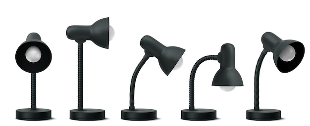 3d lampa stołowa w różnych pozycjach czarna żarówka biurkowa o klasycznym designie Zasilanie elektryczne do czytania wystroju domu i oświetlenia pokoju na białym tle sprzęt oświetleniowy Realistyczna ilustracja wektorowa