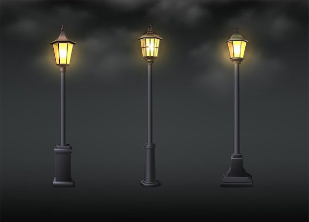 Bezpłatny wektor 3d realistyczna ilustracja ikony wektorowej stare światła uliczne z ciemnym efektem dymu