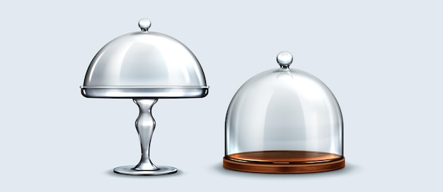Bezpłatny wektor 3d realistyczna szklana kopuła stojąca za ciastem z talerzem