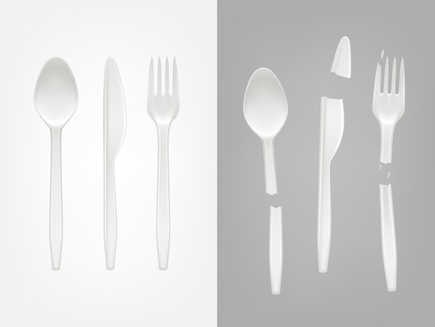3d realistyczne jednorazowe plastikowe sztućce - łyżka, widelec, nóż i zepsute narzędzia