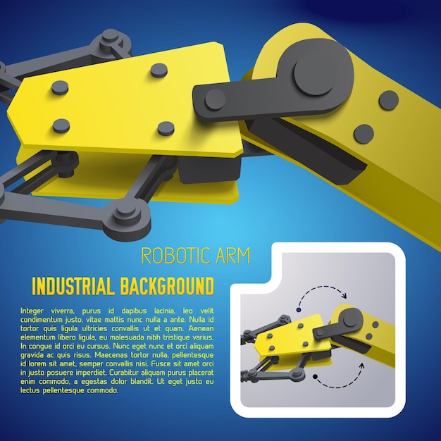 3d realistyczne żółte ramię robota z przemysłowym opisem tła i szczegółami ramienia robota