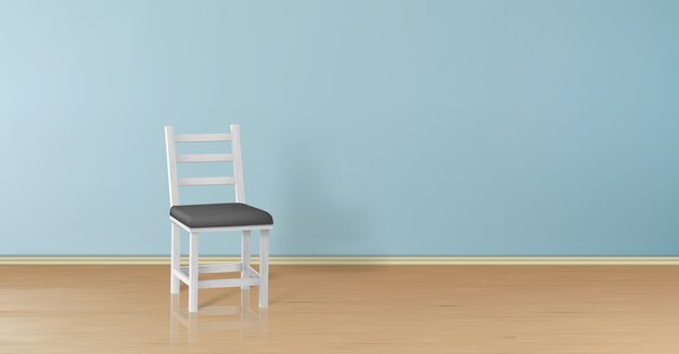 3d realistyczny egzamin próbny z białym drewnianym krzesłem odizolowywającym na błękit ścianie