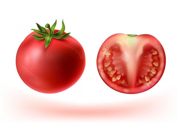 3d realistyczny zestaw czerwonych pomidorów. Całe warzywo i pół z nasionami.