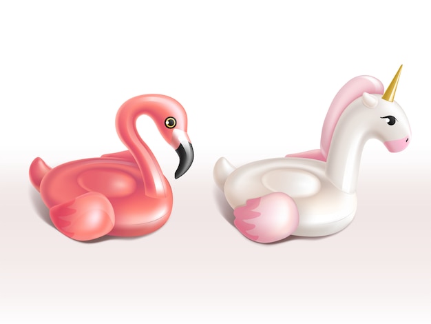 3d realistyczny zestaw pierścieni pływackich - różowy flaming i biały jednorożec.