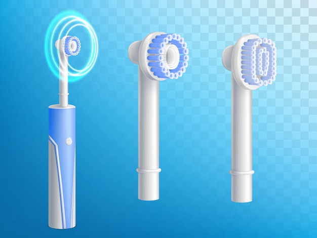 Bezpłatny wektor 3d realistyczny zestaw szczoteczek do zębów, wyjmowane dysze do higieny produktu.